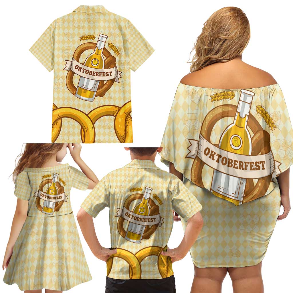 Oktoberfest Family Matching Off Shoulder Short Dress and Hawaiian Shirt with Beer Bottle and Pretzel Illustration Beige Diamond - Wonder Print Shop