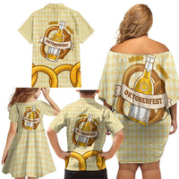 Oktoberfest Family Matching Off Shoulder Short Dress and Hawaiian Shirt with Beer Bottle and Pretzel Illustration Beige Diamond - Wonder Print Shop