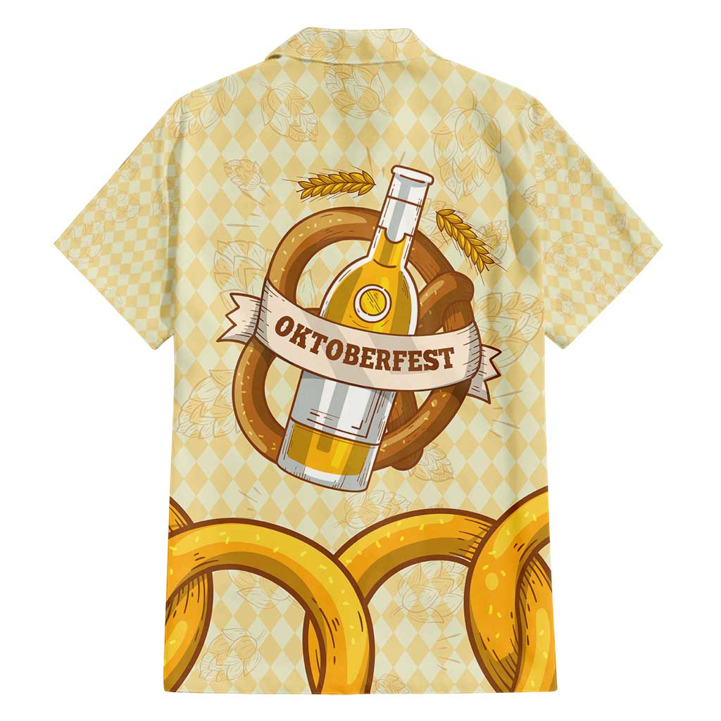 Oktoberfest Family Matching Off Shoulder Short Dress and Hawaiian Shirt with Beer Bottle and Pretzel Illustration Beige Diamond - Wonder Print Shop