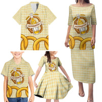 Oktoberfest Family Matching Puletasi and Hawaiian Shirt with Beer Bottle and Pretzel Illustration Beige Diamond - Wonder Print Shop