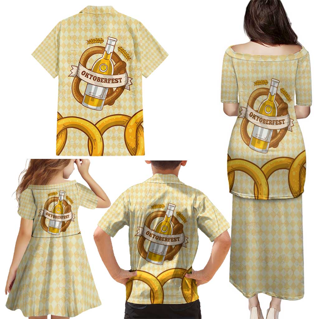 Oktoberfest Family Matching Puletasi and Hawaiian Shirt with Beer Bottle and Pretzel Illustration Beige Diamond - Wonder Print Shop