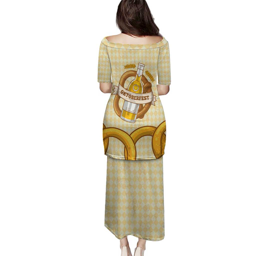 Oktoberfest Family Matching Puletasi and Hawaiian Shirt with Beer Bottle and Pretzel Illustration Beige Diamond - Wonder Print Shop