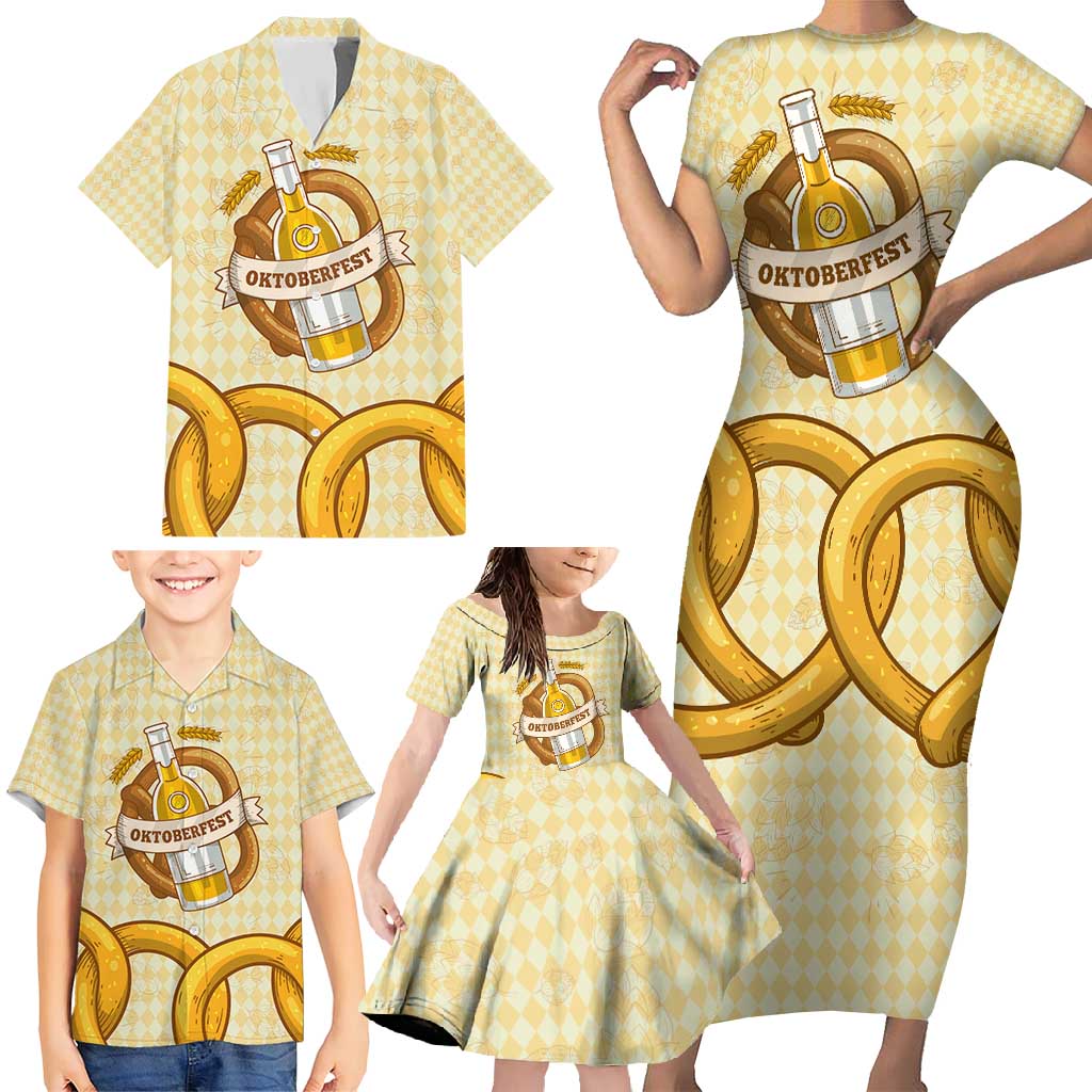 Oktoberfest Family Matching Short Sleeve Bodycon Dress and Hawaiian Shirt with Beer Bottle and Pretzel Illustration Beige Diamond - Wonder Print Shop