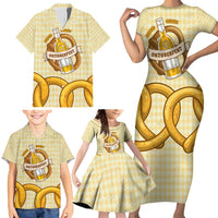 Oktoberfest Family Matching Short Sleeve Bodycon Dress and Hawaiian Shirt with Beer Bottle and Pretzel Illustration Beige Diamond - Wonder Print Shop