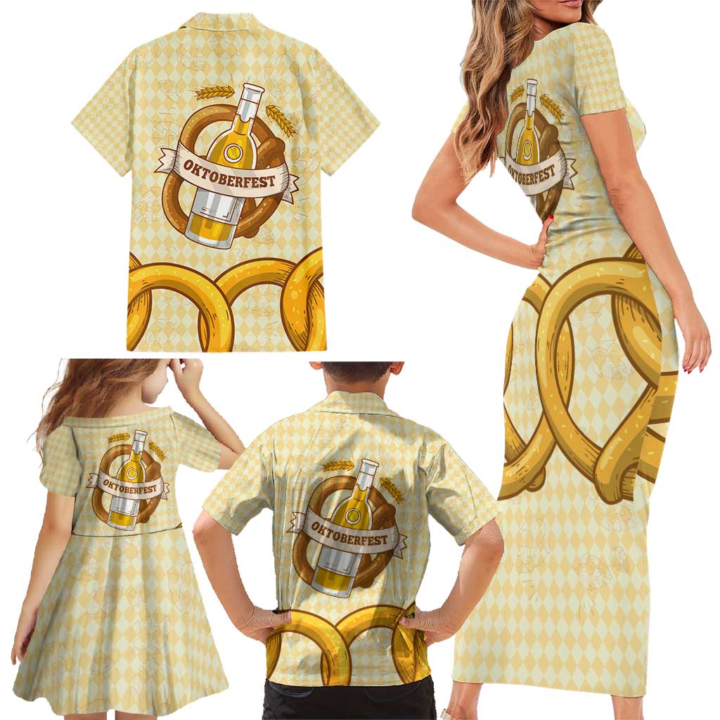 Oktoberfest Family Matching Short Sleeve Bodycon Dress and Hawaiian Shirt with Beer Bottle and Pretzel Illustration Beige Diamond - Wonder Print Shop