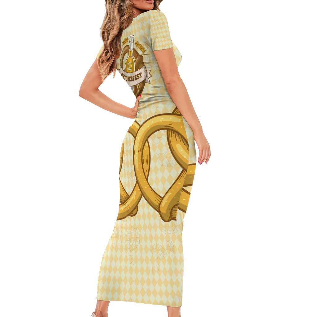 Oktoberfest Family Matching Short Sleeve Bodycon Dress and Hawaiian Shirt with Beer Bottle and Pretzel Illustration Beige Diamond - Wonder Print Shop