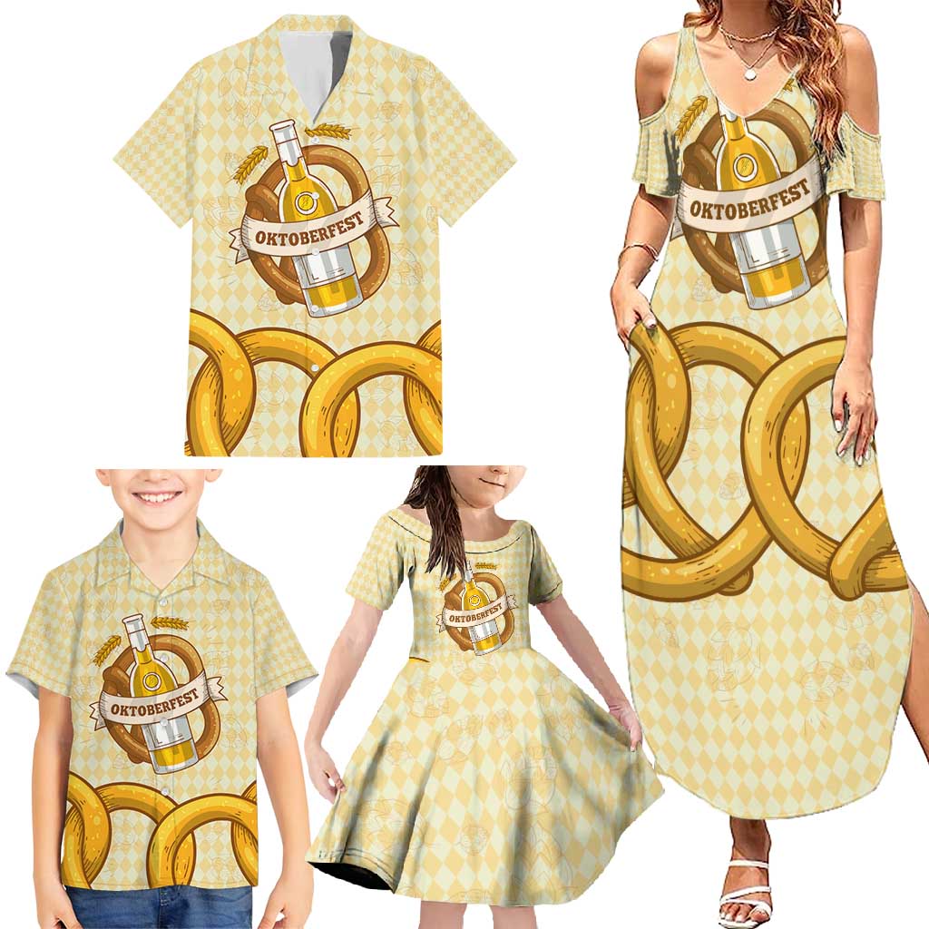 Oktoberfest Family Matching Summer Maxi Dress and Hawaiian Shirt with Beer Bottle and Pretzel Illustration Beige Diamond - Wonder Print Shop