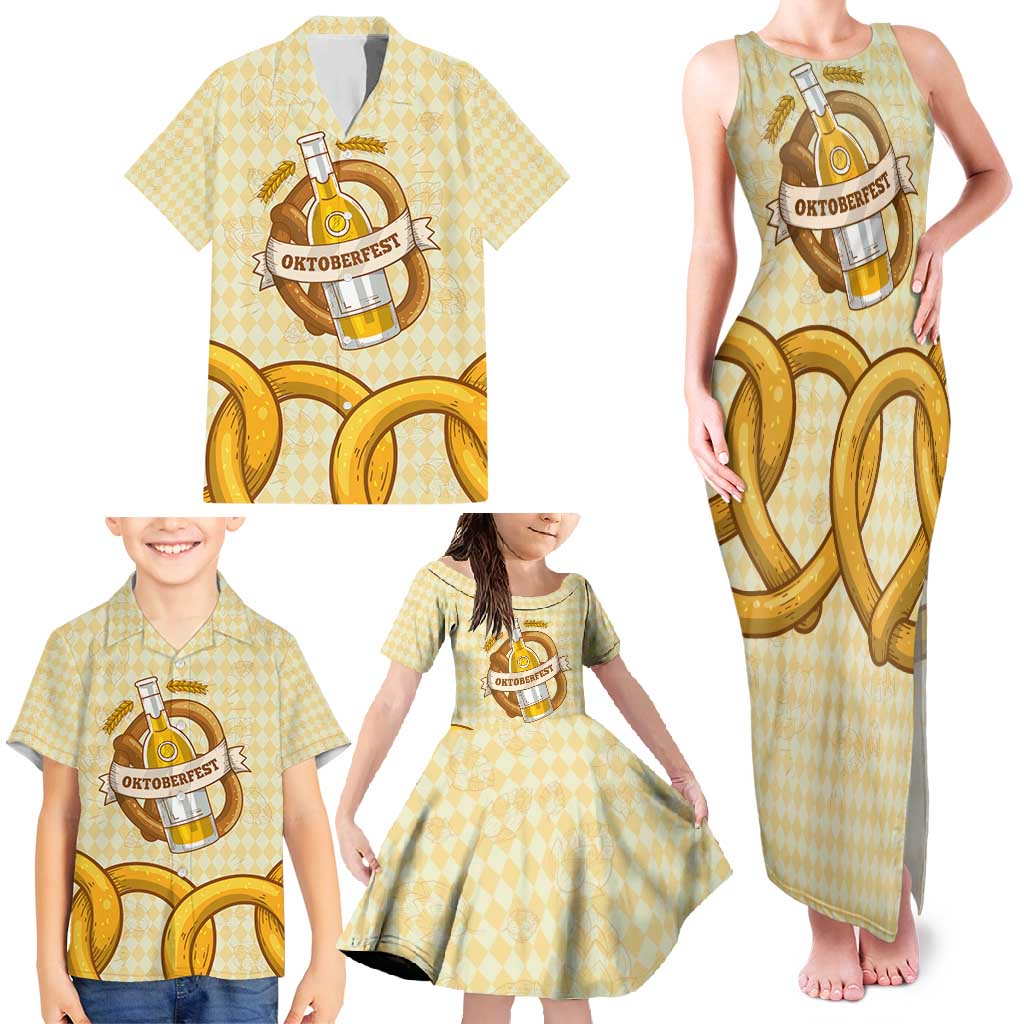 Oktoberfest Family Matching Tank Maxi Dress and Hawaiian Shirt with Beer Bottle and Pretzel Illustration Beige Diamond - Wonder Print Shop