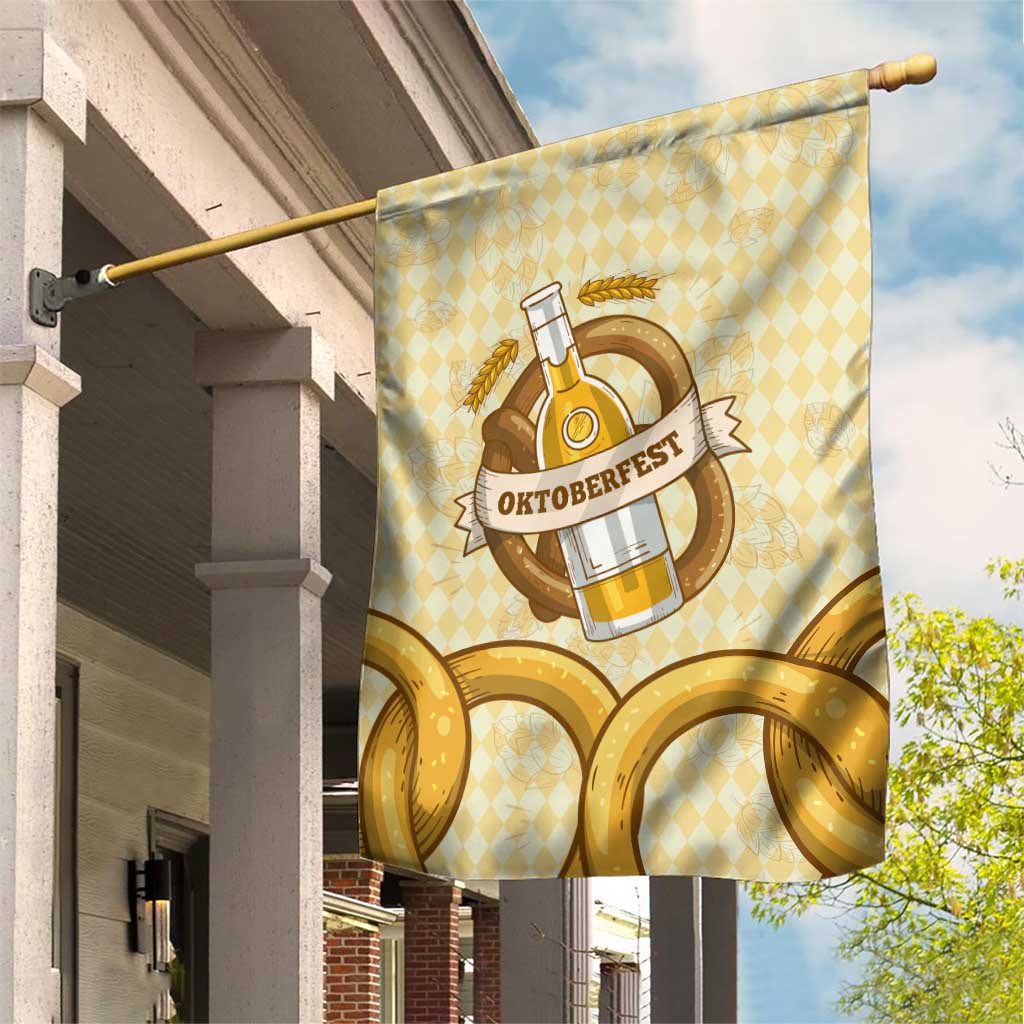Oktoberfest Garden Flag with Beer Bottle and Pretzel Illustration Beige Diamond - Wonder Print Shop