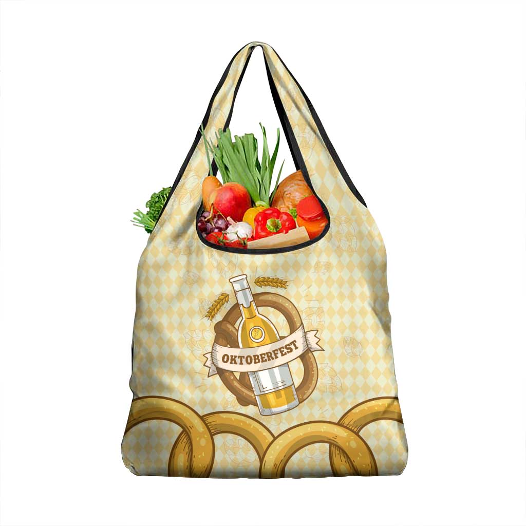 Oktoberfest Grocery Bag with Beer Bottle and Pretzel Illustration Beige Diamond - Wonder Print Shop