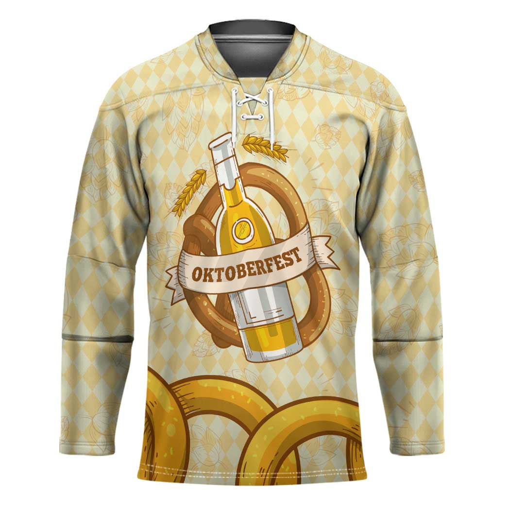 Oktoberfest Hockey Jersey with Beer Bottle and Pretzel Illustration Beige Diamond - Wonder Print Shop