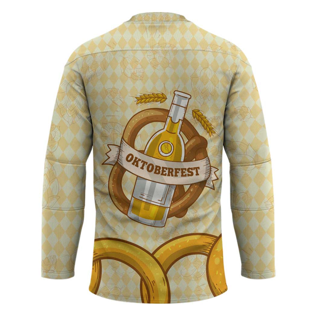 Oktoberfest Hockey Jersey with Beer Bottle and Pretzel Illustration Beige Diamond - Wonder Print Shop