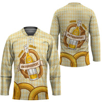 Oktoberfest Hockey Jersey with Beer Bottle and Pretzel Illustration Beige Diamond - Wonder Print Shop