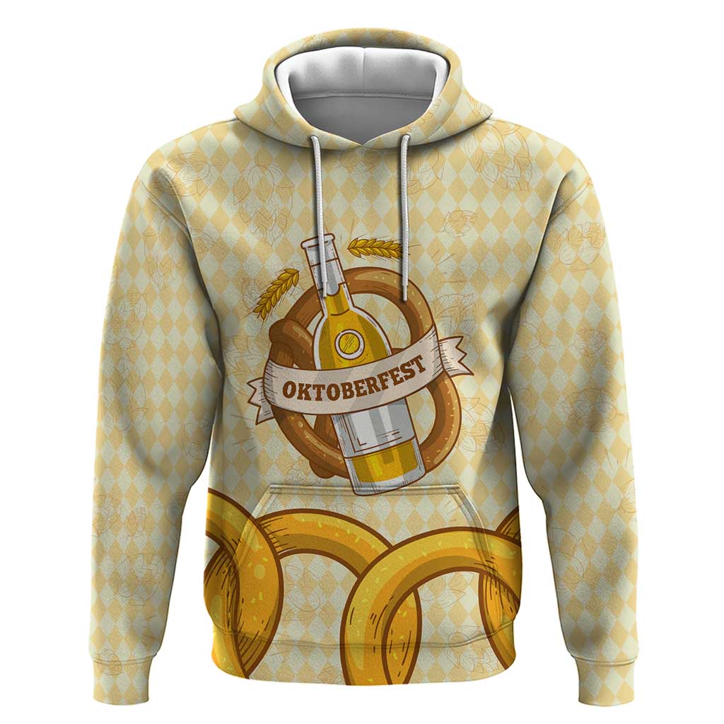 Oktoberfest Hoodie with Beer Bottle and Pretzel Illustration Beige Diamond - Wonder Print Shop