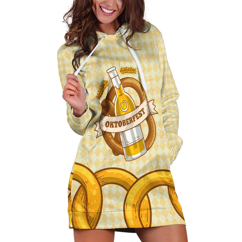 Oktoberfest Hoodie Dress with Beer Bottle and Pretzel Illustration Beige Diamond - Wonder Print Shop