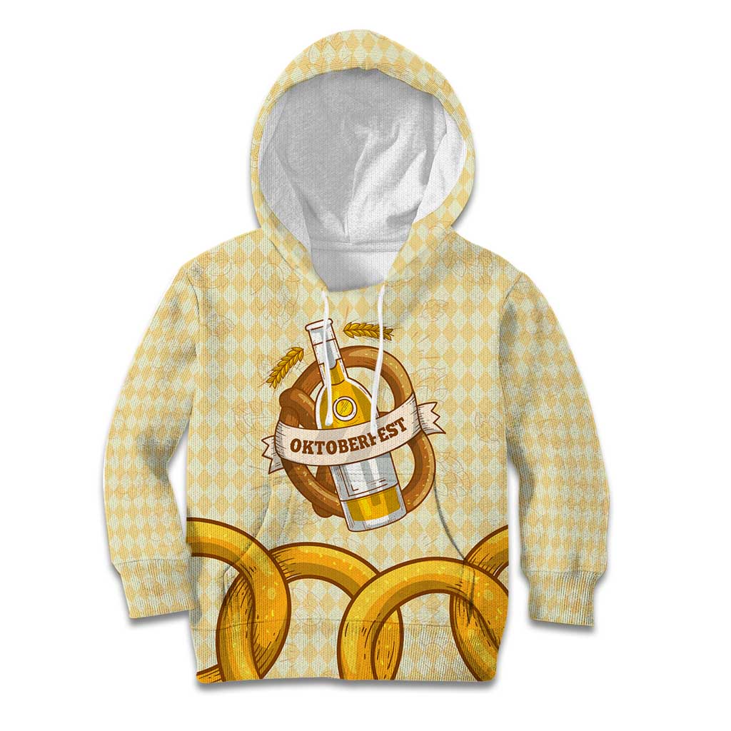 Oktoberfest Kid Hoodie with Beer Bottle and Pretzel Illustration Beige Diamond - Wonder Print Shop