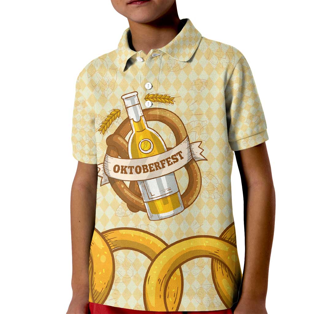 Oktoberfest Kid Polo Shirt with Beer Bottle and Pretzel Illustration Beige Diamond - Wonder Print Shop