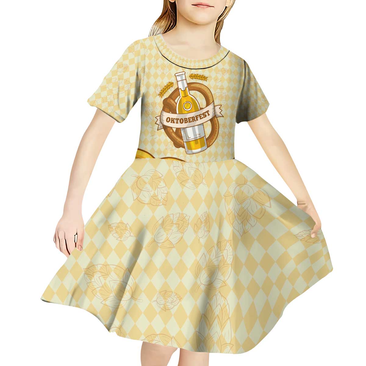 Oktoberfest Kid Short Sleeve Dress with Beer Bottle and Pretzel Illustration Beige Diamond - Wonder Print Shop