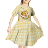 Oktoberfest Kid Short Sleeve Dress with Beer Bottle and Pretzel Illustration Beige Diamond - Wonder Print Shop