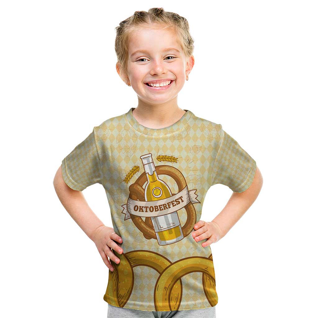 Oktoberfest Kid T Shirt with Beer Bottle and Pretzel Illustration Beige Diamond - Wonder Print Shop