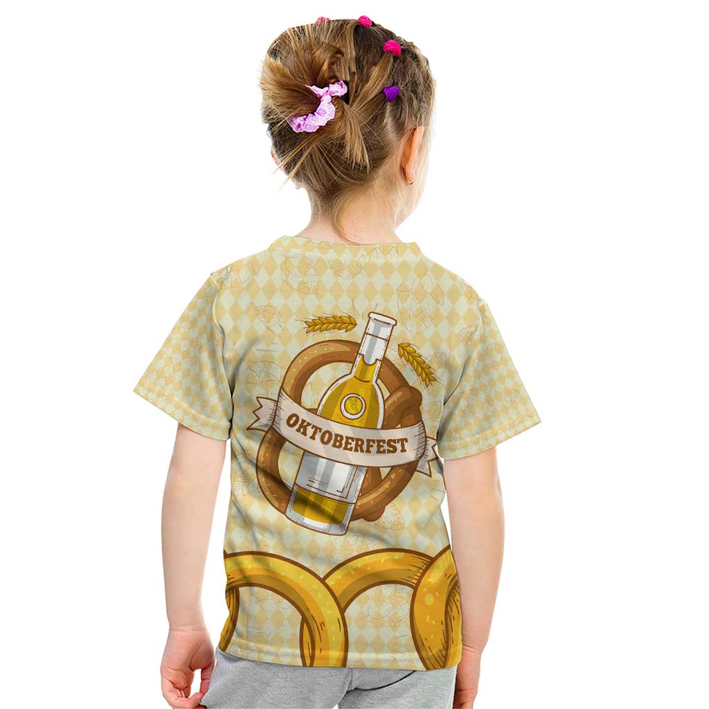 Oktoberfest Kid T Shirt with Beer Bottle and Pretzel Illustration Beige Diamond - Wonder Print Shop