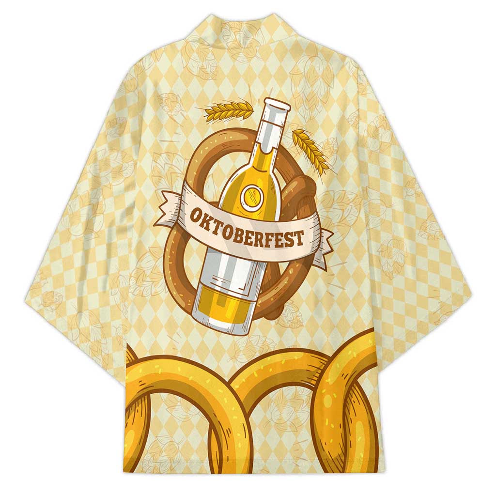 Oktoberfest Kimono with Beer Bottle and Pretzel Illustration Beige Diamond - Wonder Print Shop