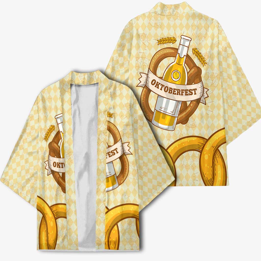 Oktoberfest Kimono with Beer Bottle and Pretzel Illustration Beige Diamond - Wonder Print Shop
