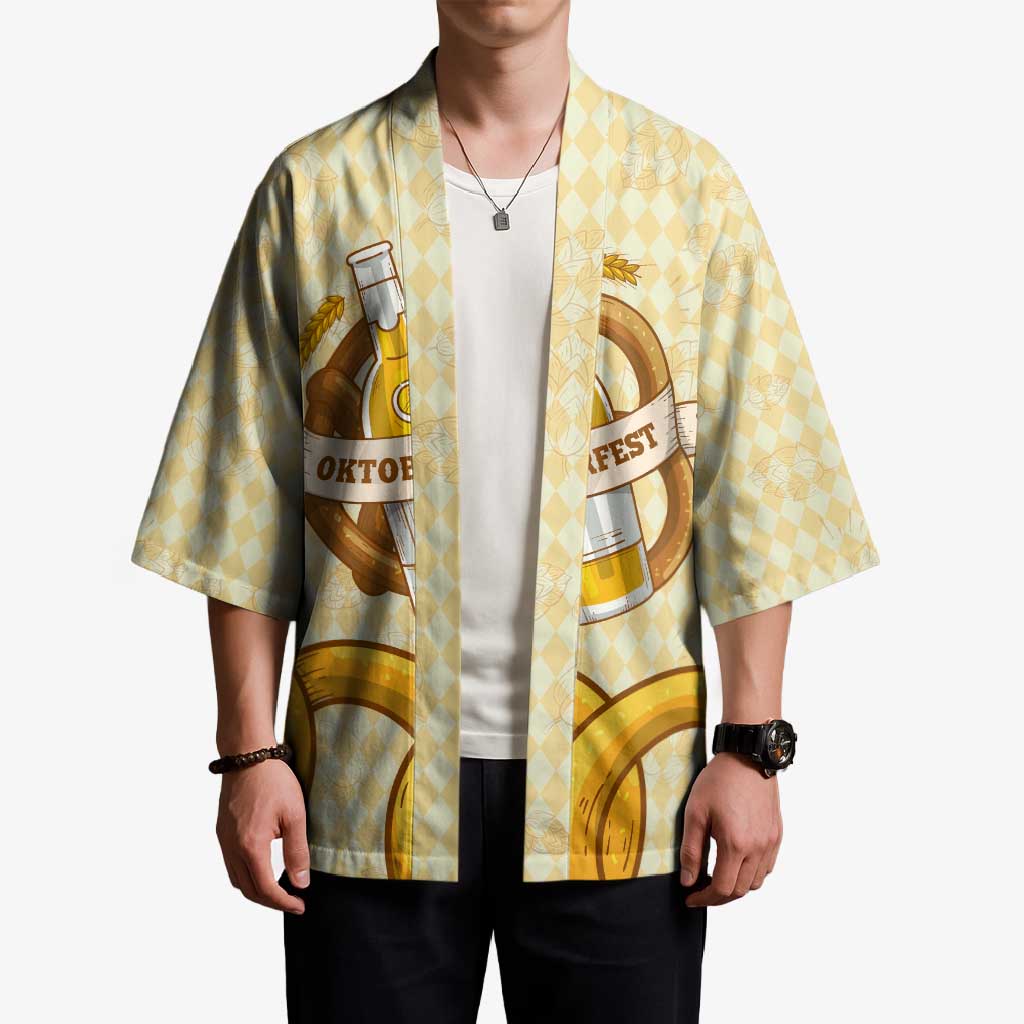 Oktoberfest Kimono with Beer Bottle and Pretzel Illustration Beige Diamond - Wonder Print Shop