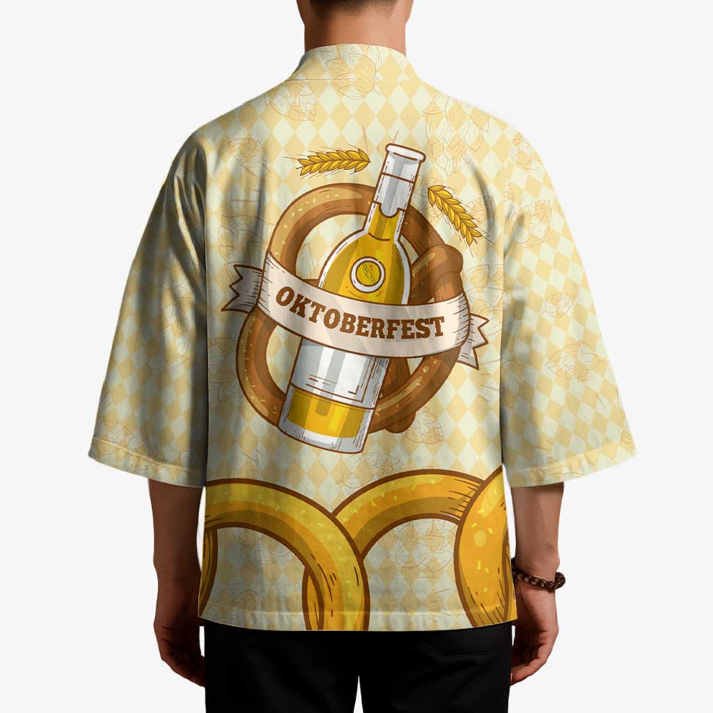 Oktoberfest Kimono with Beer Bottle and Pretzel Illustration Beige Diamond - Wonder Print Shop