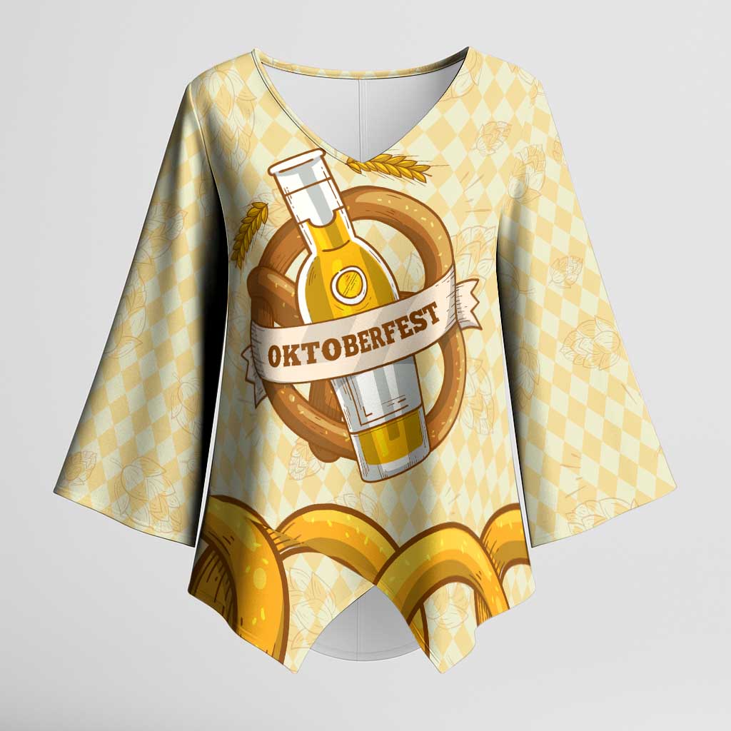 Oktoberfest Kimono Sleeve Blouse with Beer Bottle and Pretzel Illustration Beige Diamond - Wonder Print Shop
