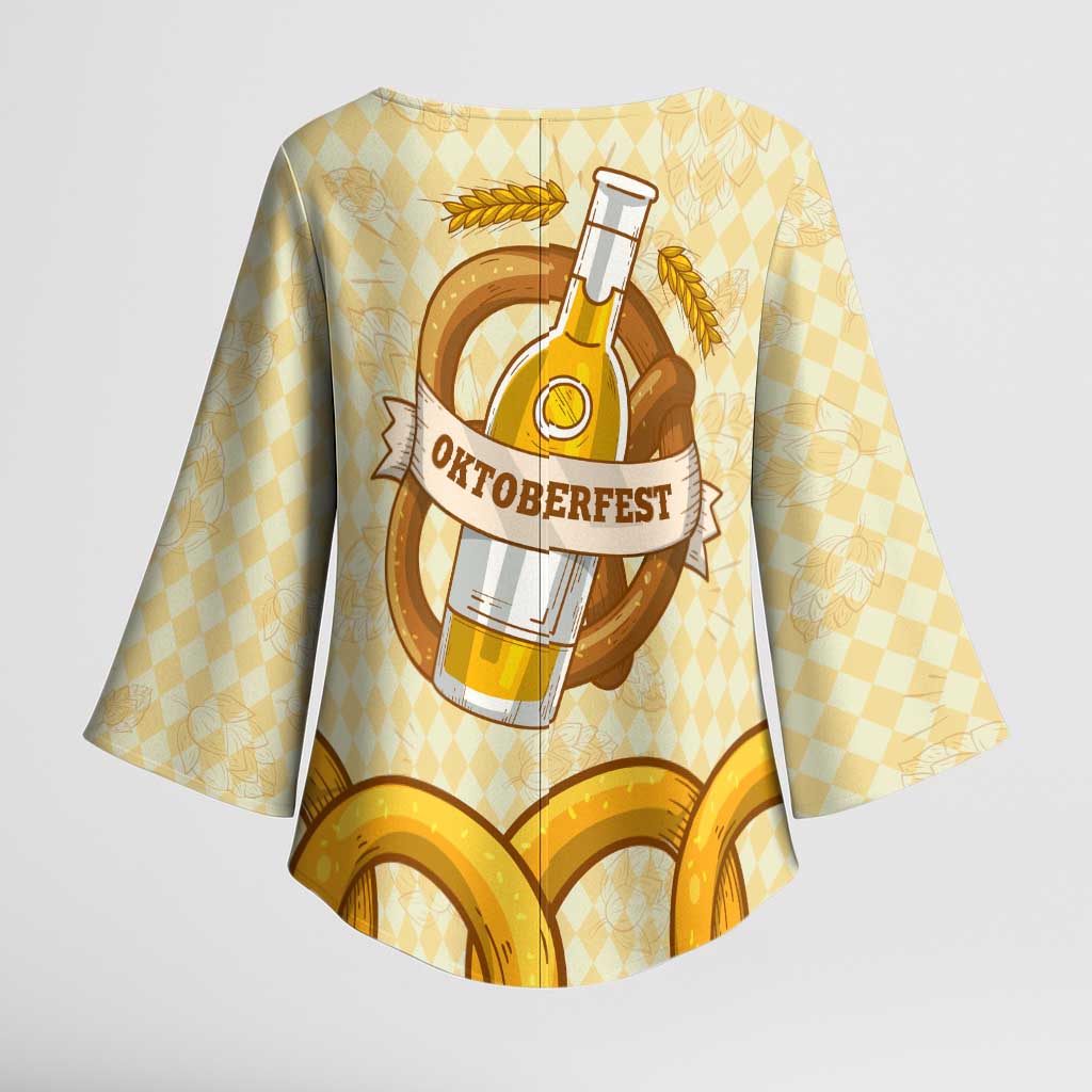 Oktoberfest Kimono Sleeve Blouse with Beer Bottle and Pretzel Illustration Beige Diamond - Wonder Print Shop