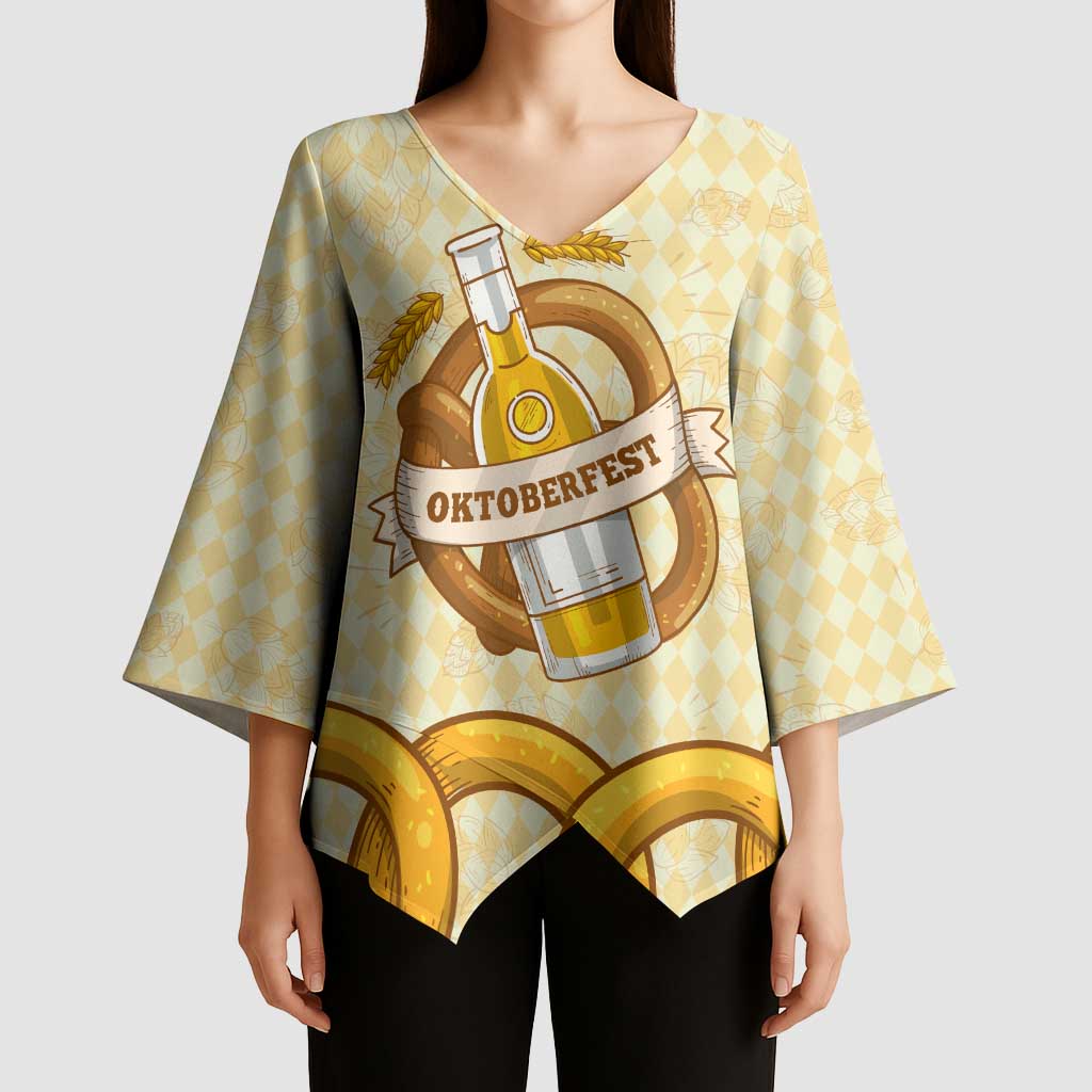 Oktoberfest Kimono Sleeve Blouse with Beer Bottle and Pretzel Illustration Beige Diamond - Wonder Print Shop