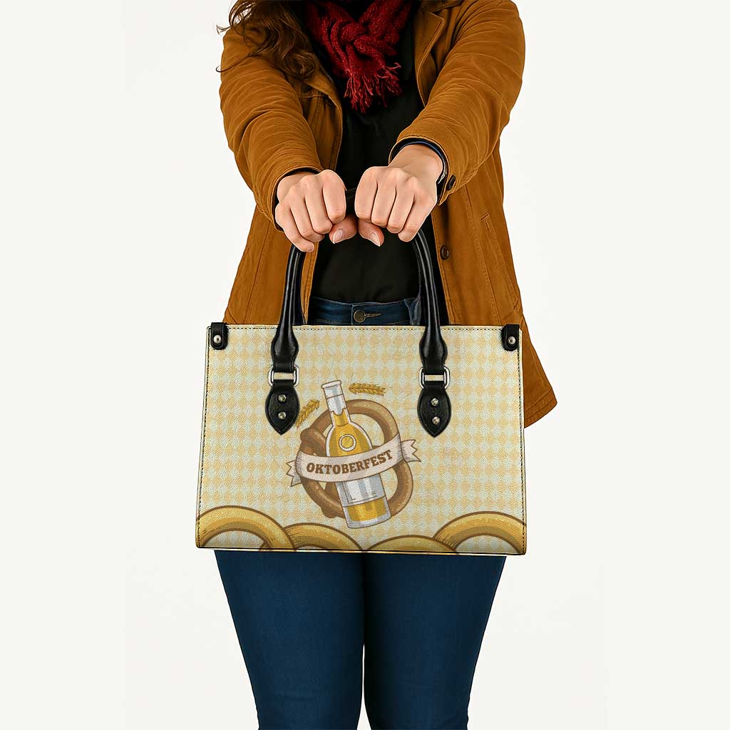 Oktoberfest Leather Bag with Beer Bottle and Pretzel Illustration Beige Diamond - Wonder Print Shop