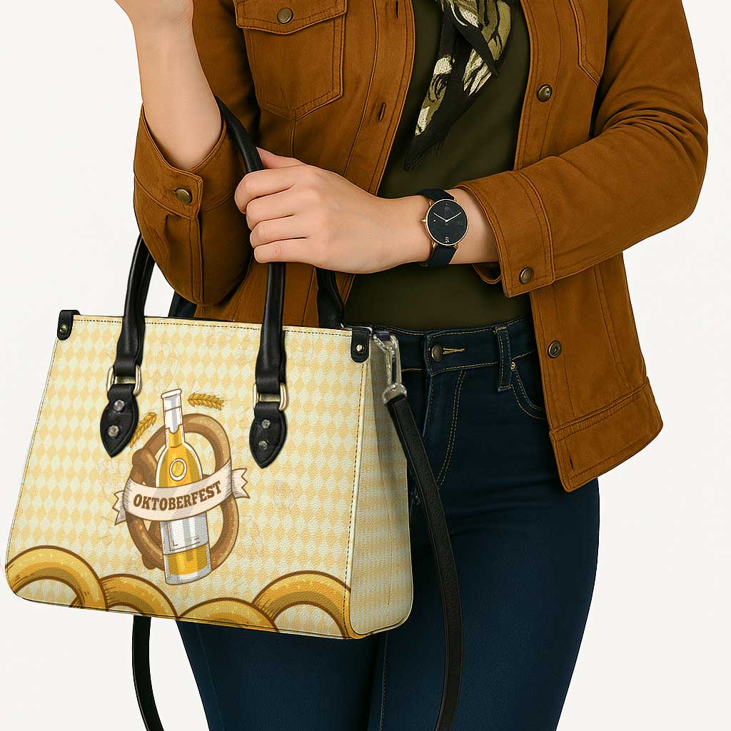 Oktoberfest Leather Bag with Beer Bottle and Pretzel Illustration Beige Diamond - Wonder Print Shop