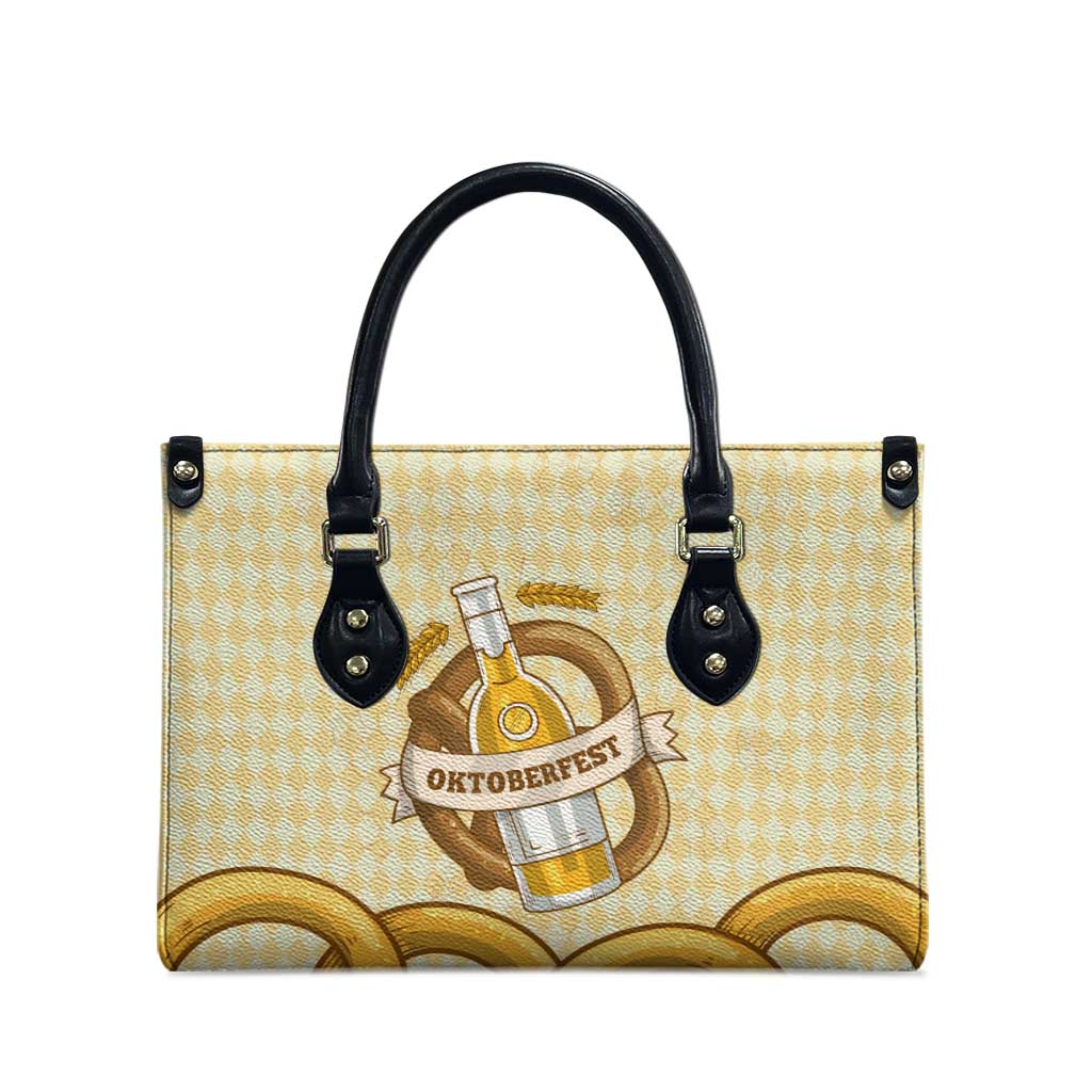 Oktoberfest Leather Bag with Beer Bottle and Pretzel Illustration Beige Diamond - Wonder Print Shop