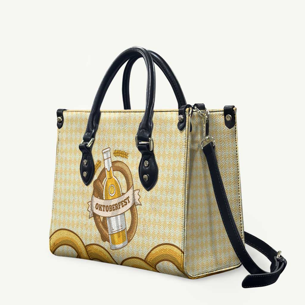Oktoberfest Leather Bag with Beer Bottle and Pretzel Illustration Beige Diamond - Wonder Print Shop