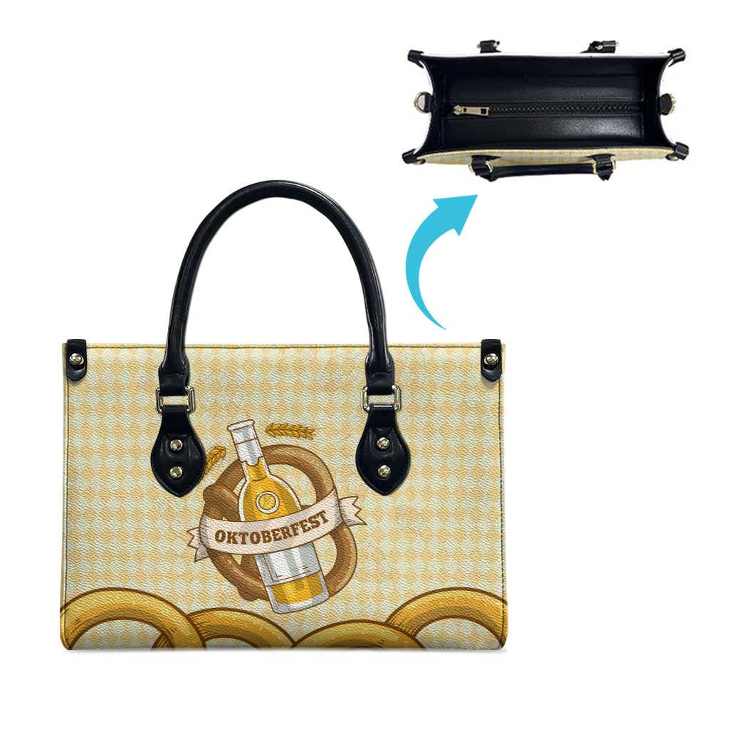 Oktoberfest Leather Bag with Beer Bottle and Pretzel Illustration Beige Diamond - Wonder Print Shop