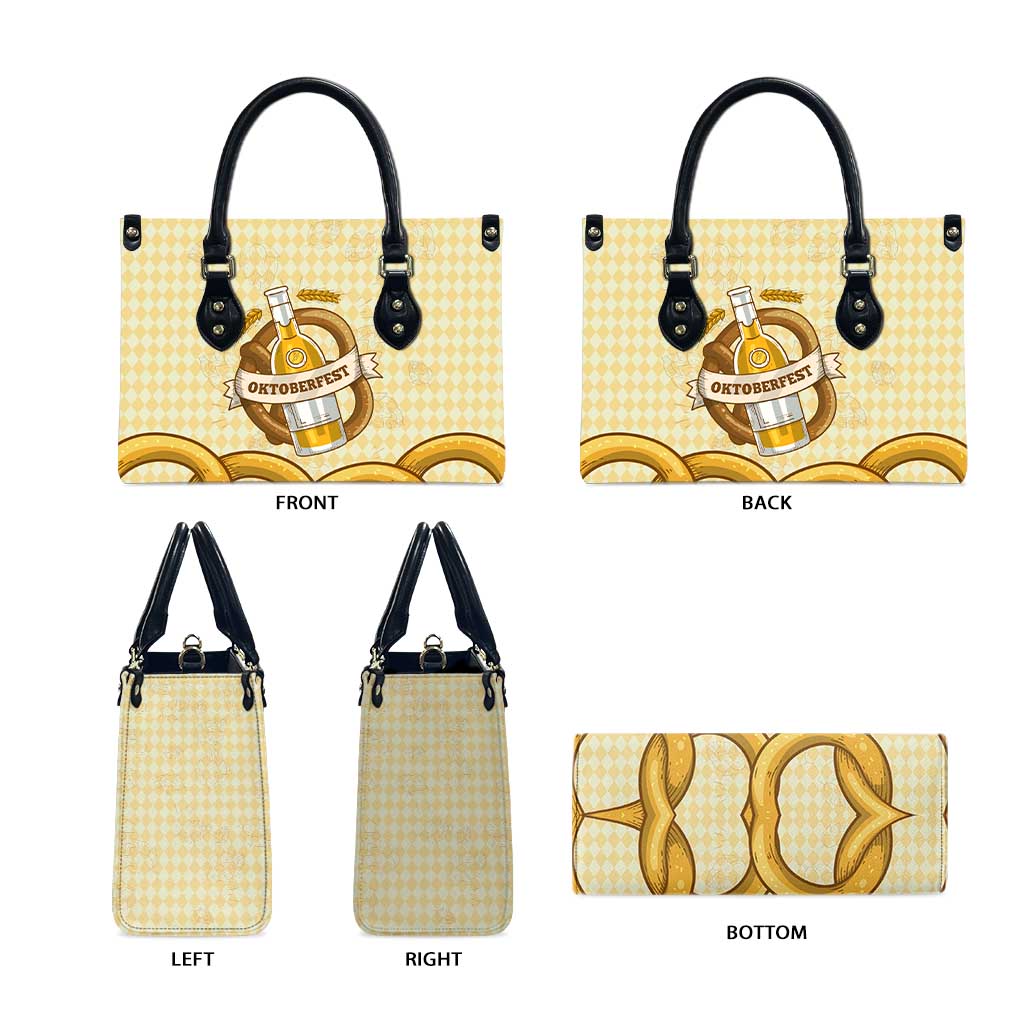 Oktoberfest Leather Bag with Beer Bottle and Pretzel Illustration Beige Diamond - Wonder Print Shop