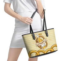 Oktoberfest Leather Tote Bag with Beer Bottle and Pretzel Illustration Beige Diamond - Wonder Print Shop