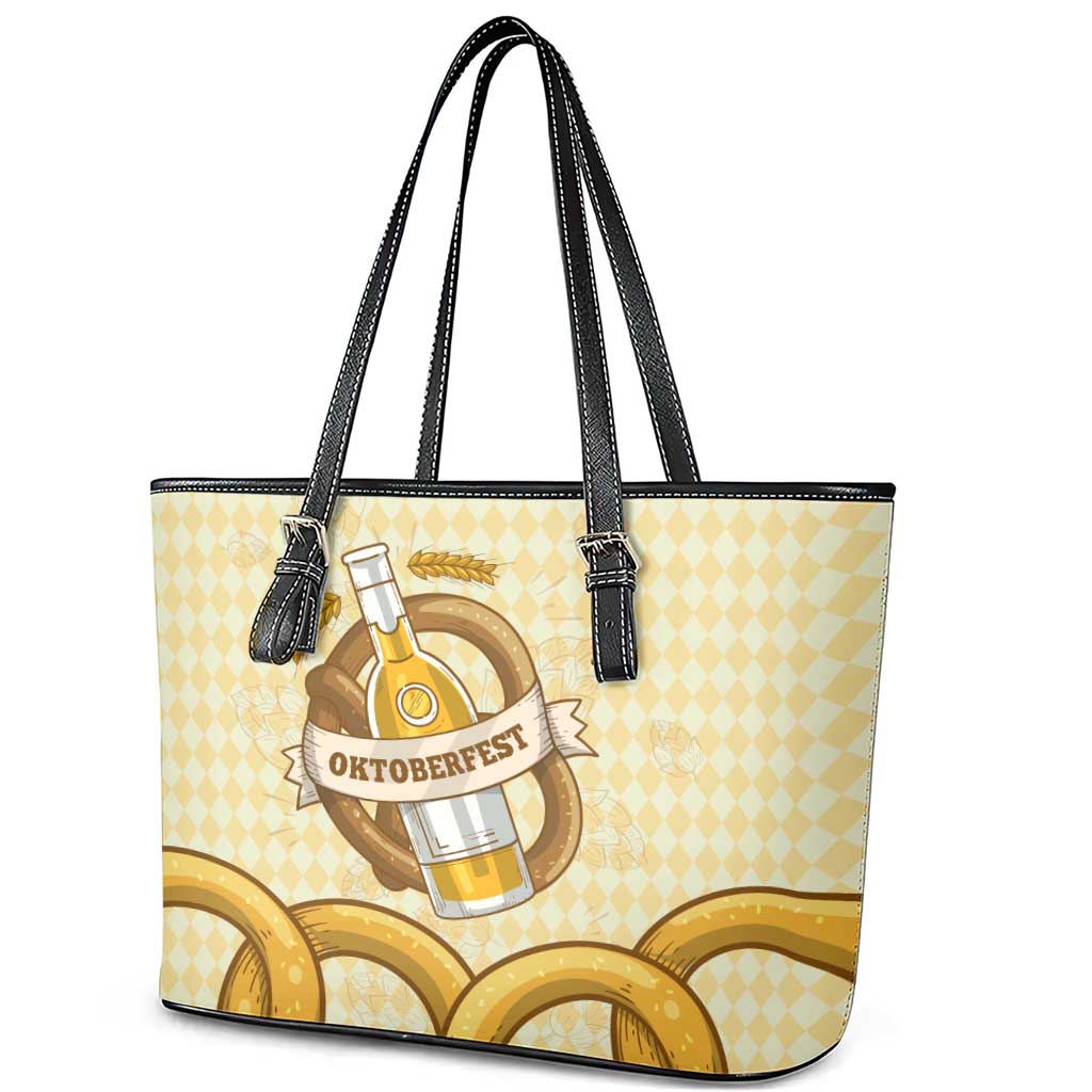 Oktoberfest Leather Tote Bag with Beer Bottle and Pretzel Illustration Beige Diamond - Wonder Print Shop