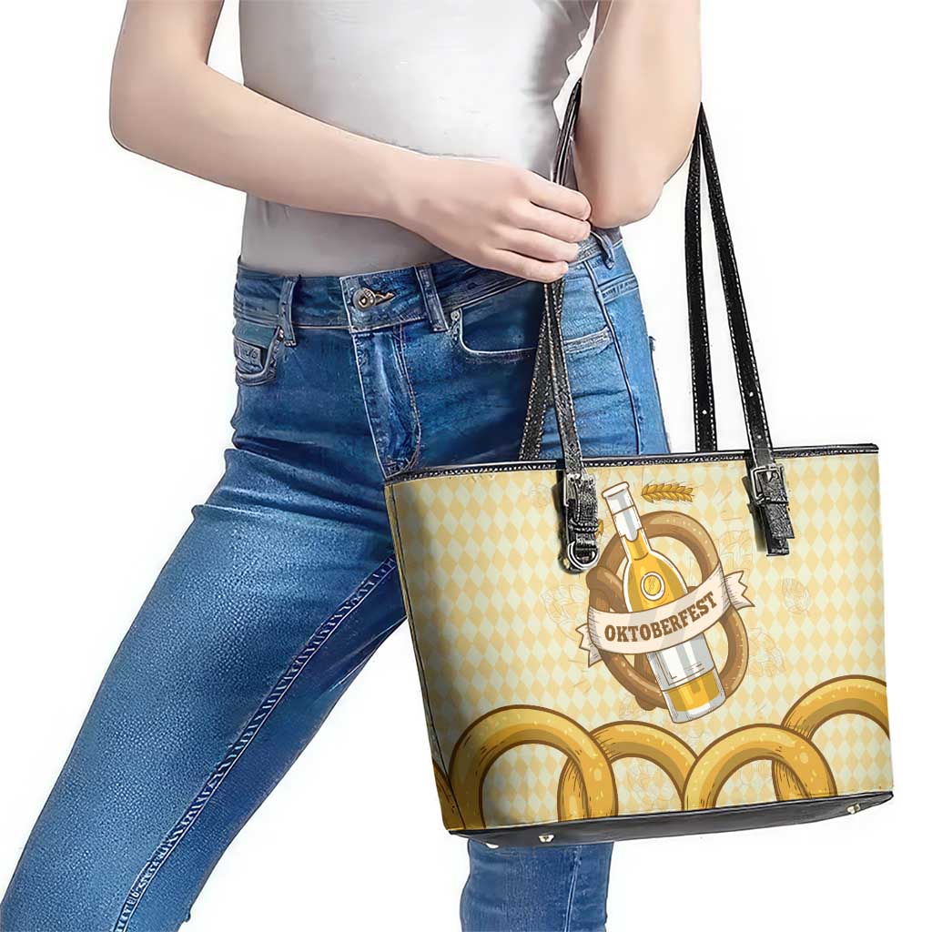 Oktoberfest Leather Tote Bag with Beer Bottle and Pretzel Illustration Beige Diamond - Wonder Print Shop
