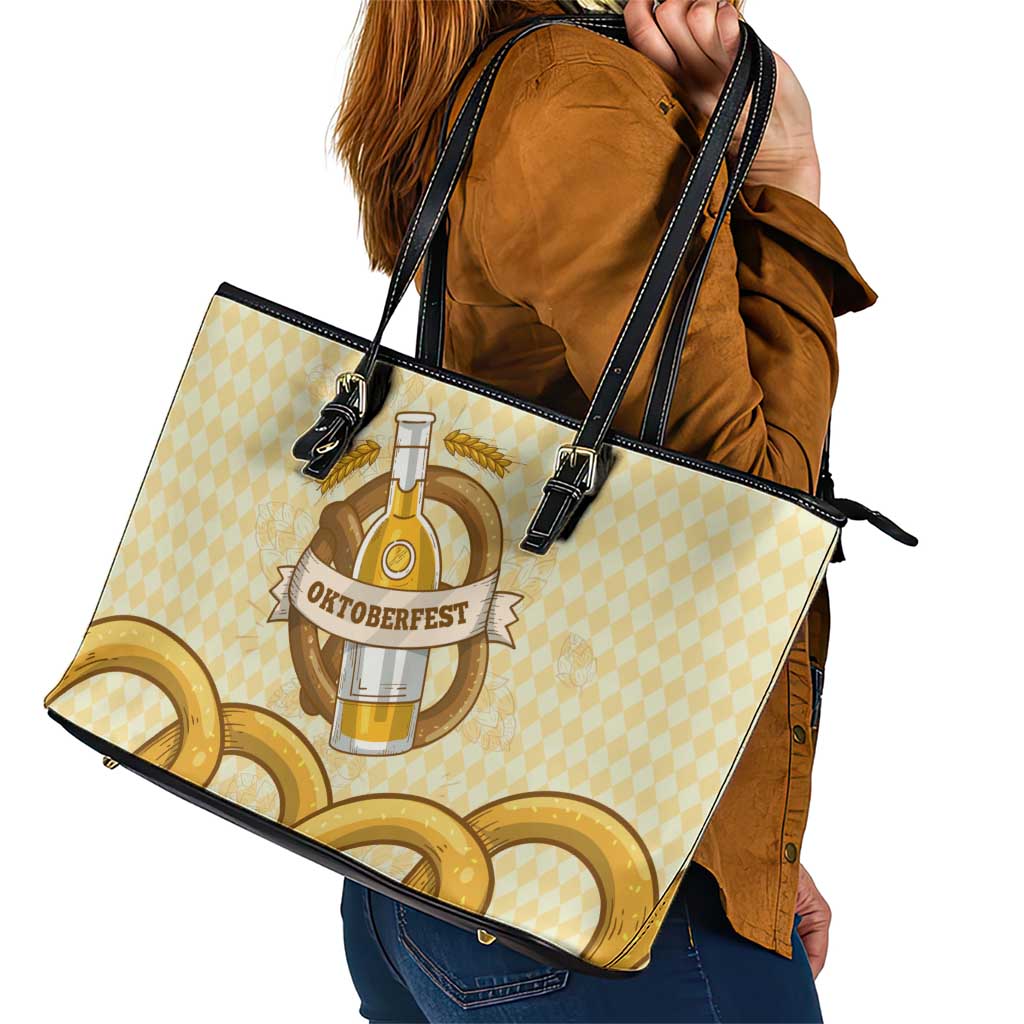Oktoberfest Leather Tote Bag with Beer Bottle and Pretzel Illustration Beige Diamond - Wonder Print Shop