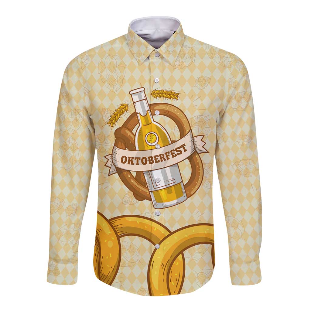 Oktoberfest Long Sleeve Button Shirt with Beer Bottle and Pretzel Illustration Beige Diamond - Wonder Print Shop