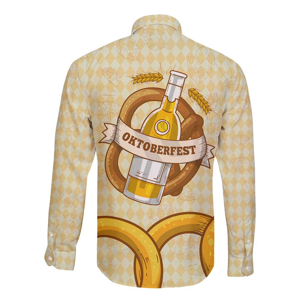 Oktoberfest Long Sleeve Button Shirt with Beer Bottle and Pretzel Illustration Beige Diamond - Wonder Print Shop