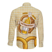 Oktoberfest Long Sleeve Button Shirt with Beer Bottle and Pretzel Illustration Beige Diamond - Wonder Print Shop