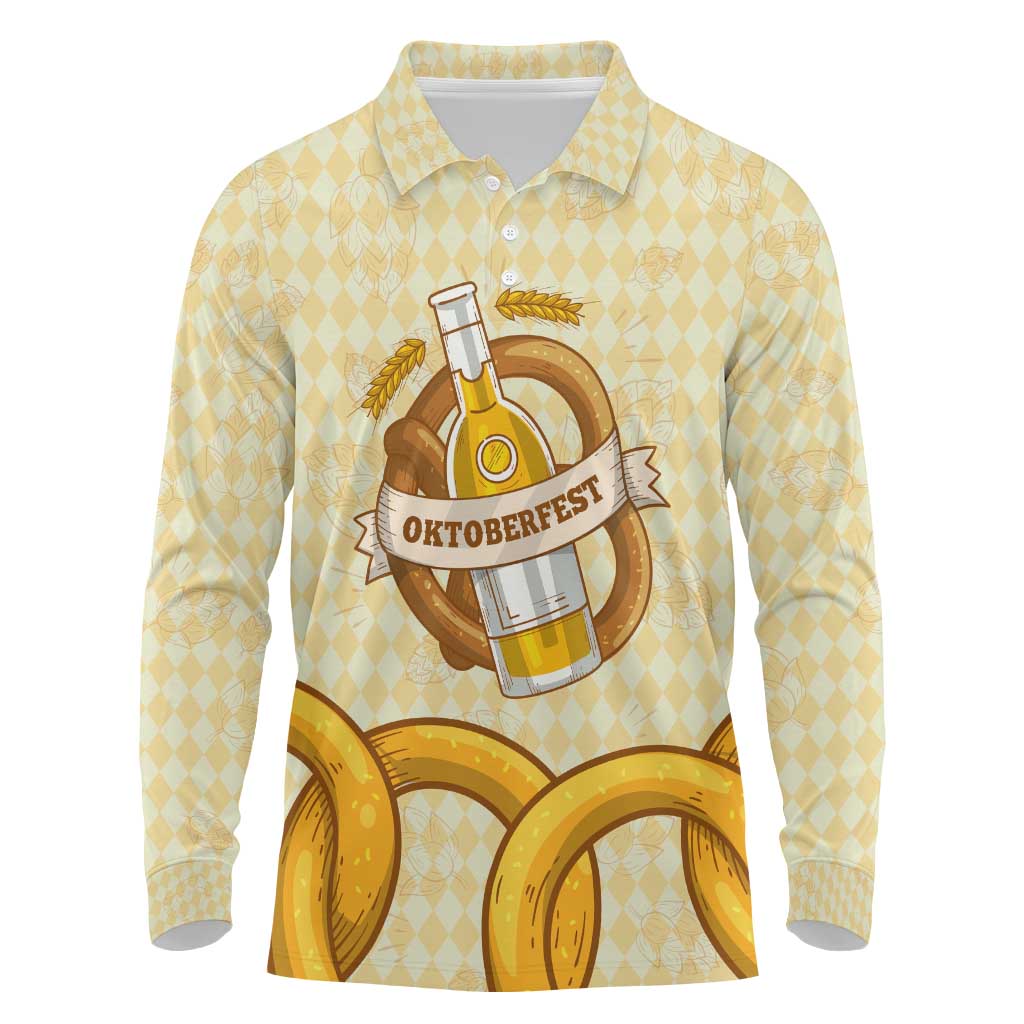 Oktoberfest Long Sleeve Polo Shirt with Beer Bottle and Pretzel Illustration Beige Diamond - Wonder Print Shop