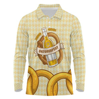 Oktoberfest Long Sleeve Polo Shirt with Beer Bottle and Pretzel Illustration Beige Diamond - Wonder Print Shop