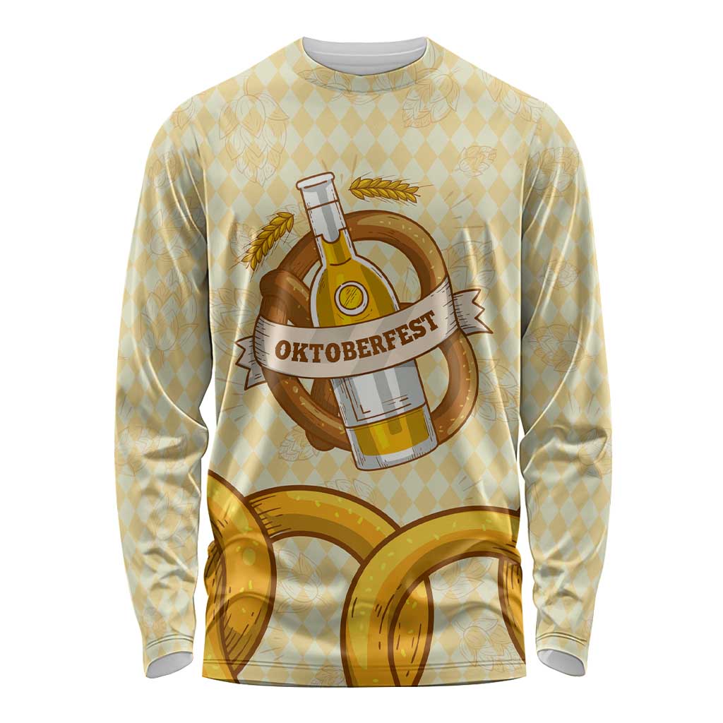 Oktoberfest Long Sleeve Shirt with Beer Bottle and Pretzel Illustration Beige Diamond - Wonder Print Shop