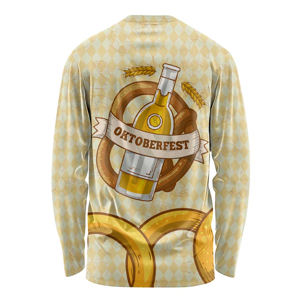 Oktoberfest Long Sleeve Shirt with Beer Bottle and Pretzel Illustration Beige Diamond - Wonder Print Shop