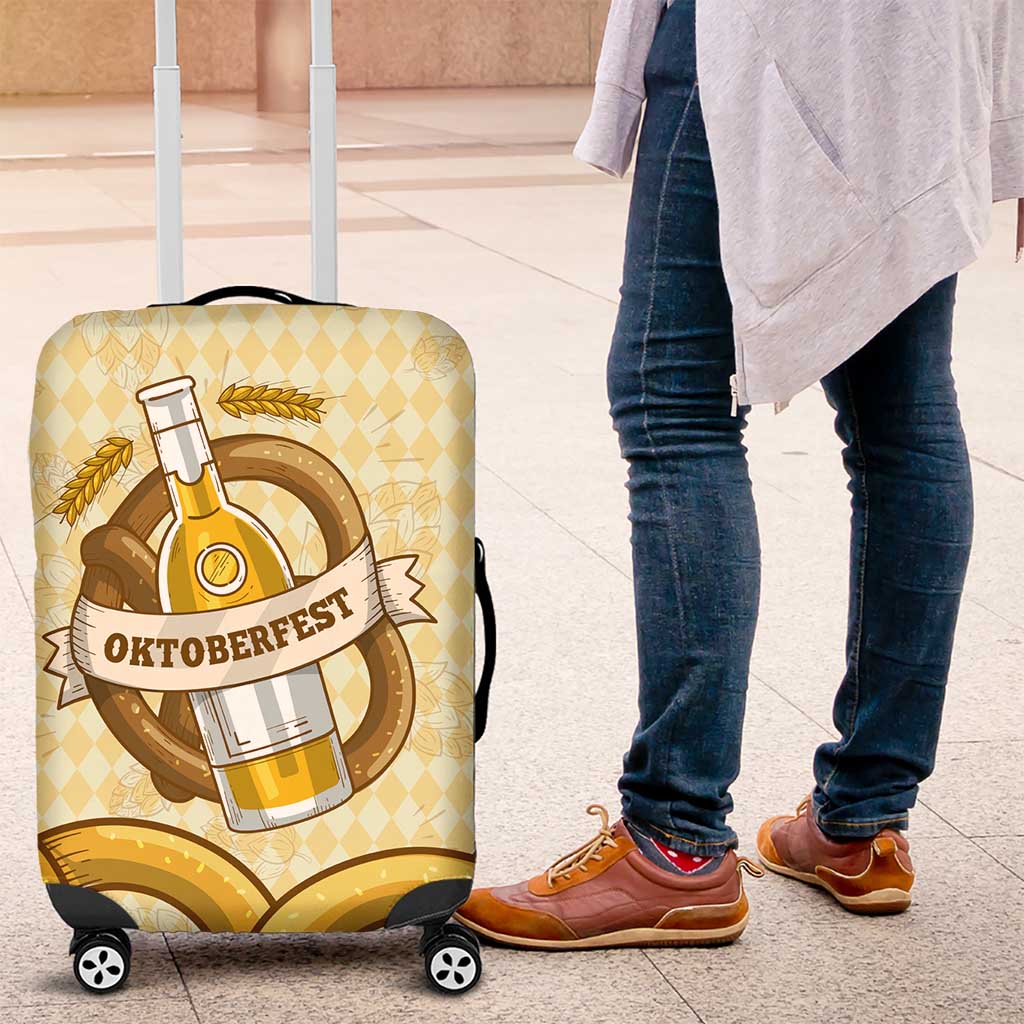 Oktoberfest Luggage Cover with Beer Bottle and Pretzel Illustration Beige Diamond - Wonder Print Shop